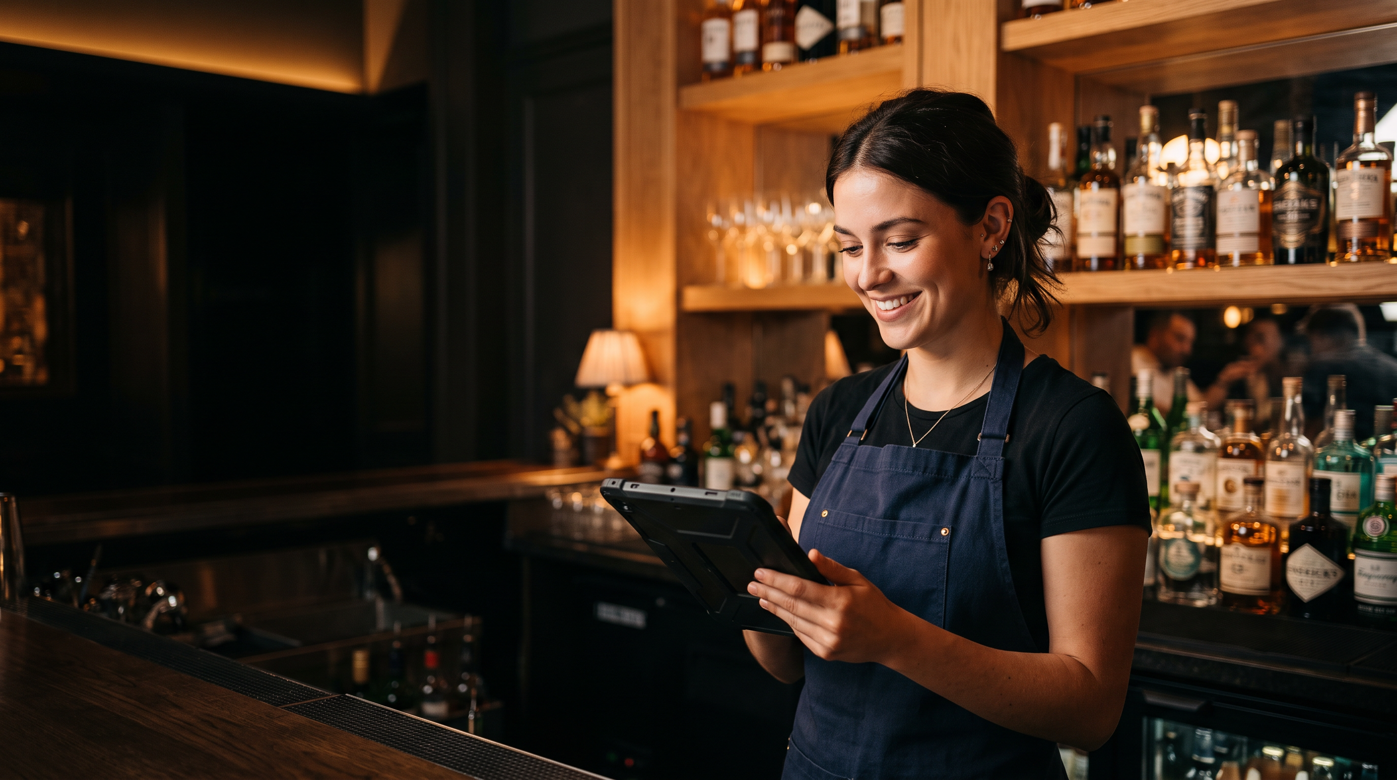 Restaurant server smiling while using MoonFishOps on a tablet behind the bar